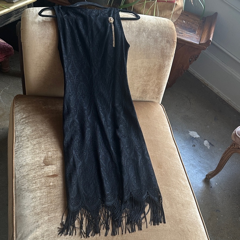 Lined Lace fabric  Rayon Mix Cocktail Party Little Black dress Fringes hem - Picture 3 of 16